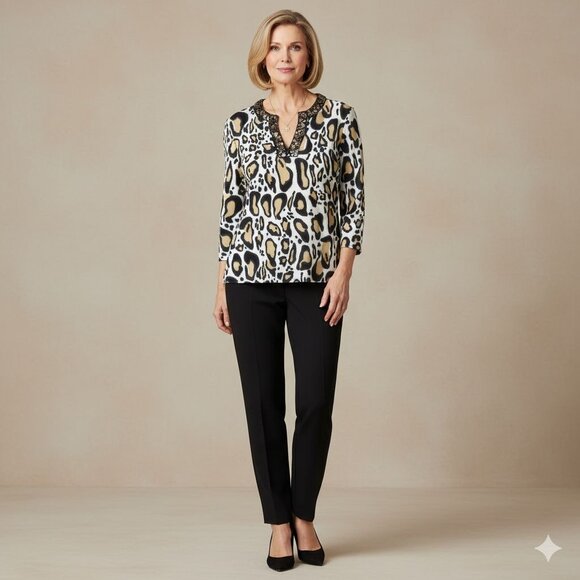 SoCa St. John Leopard Print Embellished Neckline Long Sleeve Blouse Size Small - Picture 7 of 13